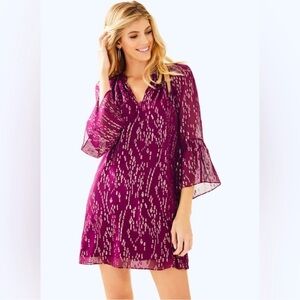 Lilly Pulitzer Elenora Shift Tunic Silk Dress Small Burgundy Metallic Holiday